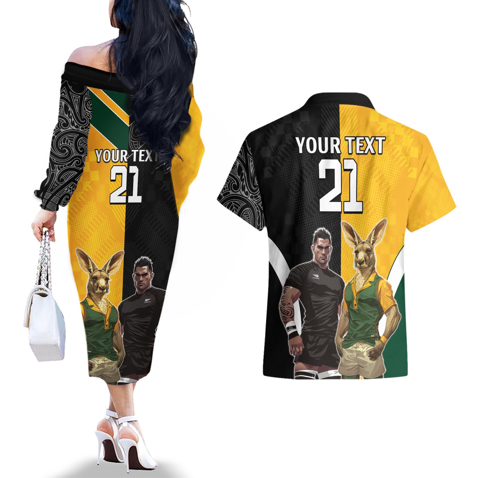 Custom New Zealand and Australia Rugby Couples Matching Off The Shoulder Long Sleeve Dress and Hawaiian Shirt Kangroo and Maori Warrior Together