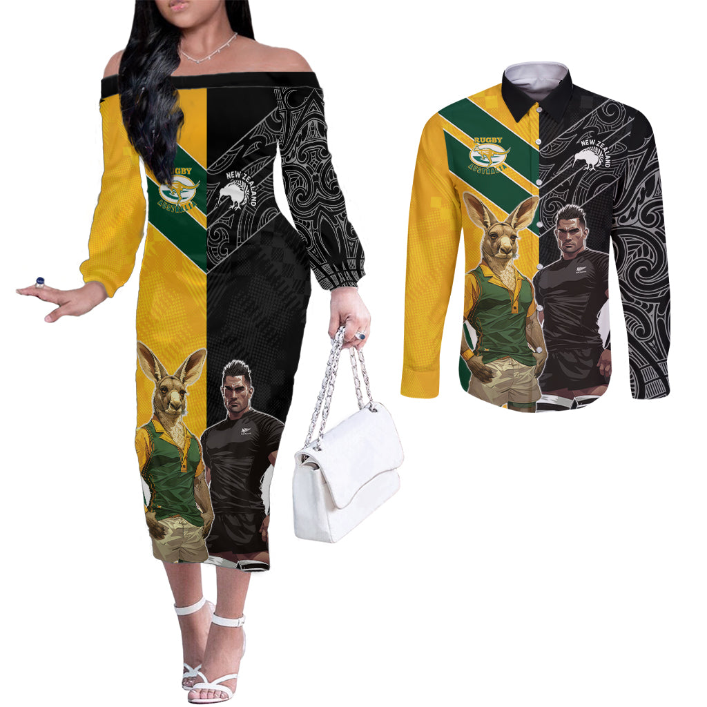 Custom New Zealand and Australia Rugby Couples Matching Off The Shoulder Long Sleeve Dress and Long Sleeve Button Shirt Kangroo and Maori Warrior Together