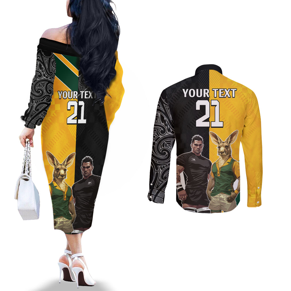Custom New Zealand and Australia Rugby Couples Matching Off The Shoulder Long Sleeve Dress and Long Sleeve Button Shirt Kangroo and Maori Warrior Together