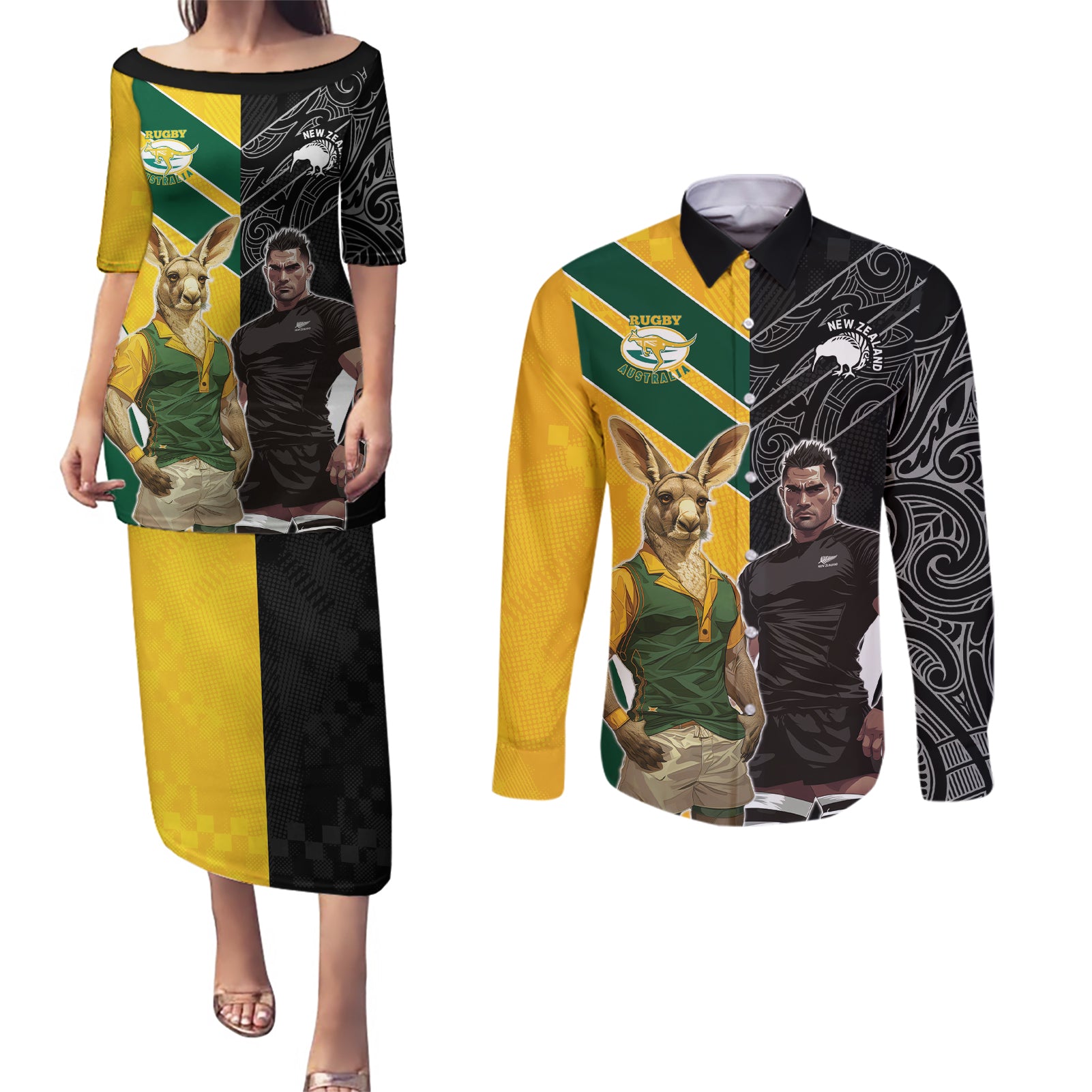 Custom New Zealand and Australia Rugby Couples Matching Puletasi and Long Sleeve Button Shirt Kangroo and Maori Warrior Together