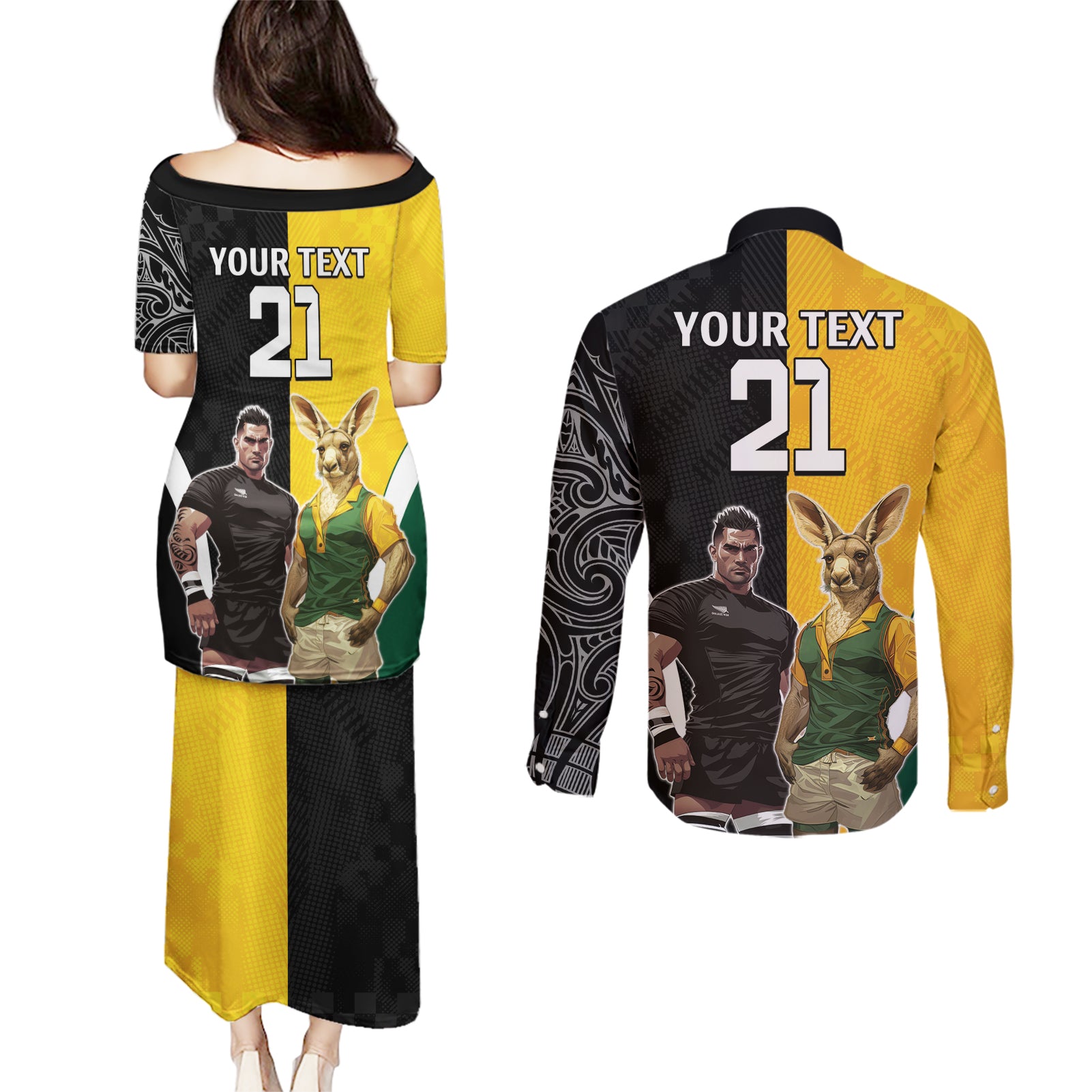 Custom New Zealand and Australia Rugby Couples Matching Puletasi and Long Sleeve Button Shirt Kangroo and Maori Warrior Together