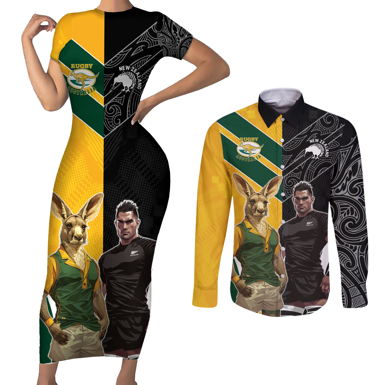 Custom New Zealand and Australia Rugby Couples Matching Short Sleeve Bodycon Dress and Long Sleeve Button Shirt Kangroo and Maori Warrior Together