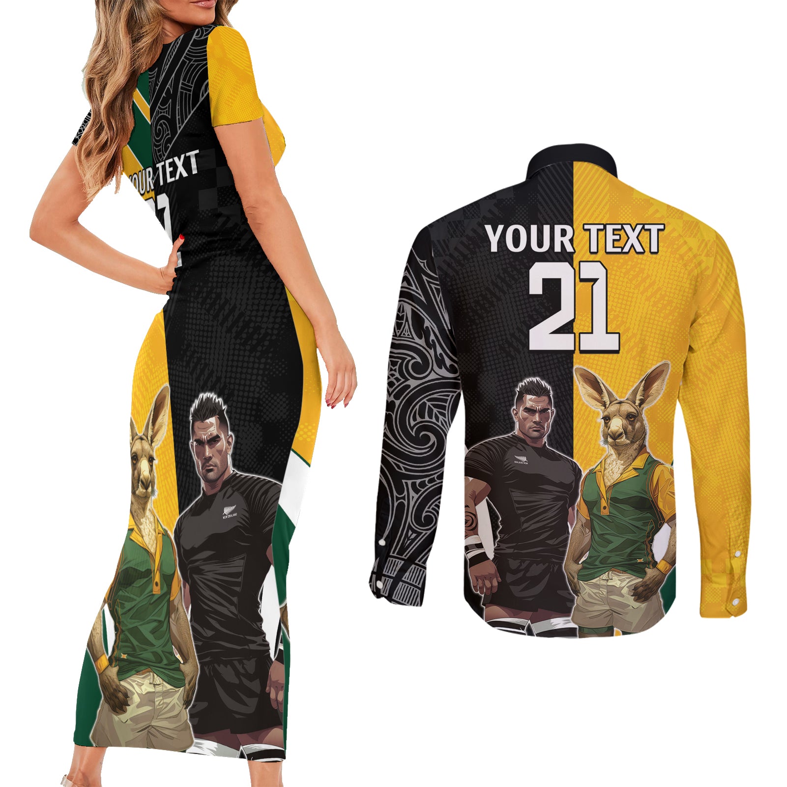 Custom New Zealand and Australia Rugby Couples Matching Short Sleeve Bodycon Dress and Long Sleeve Button Shirt Kangroo and Maori Warrior Together