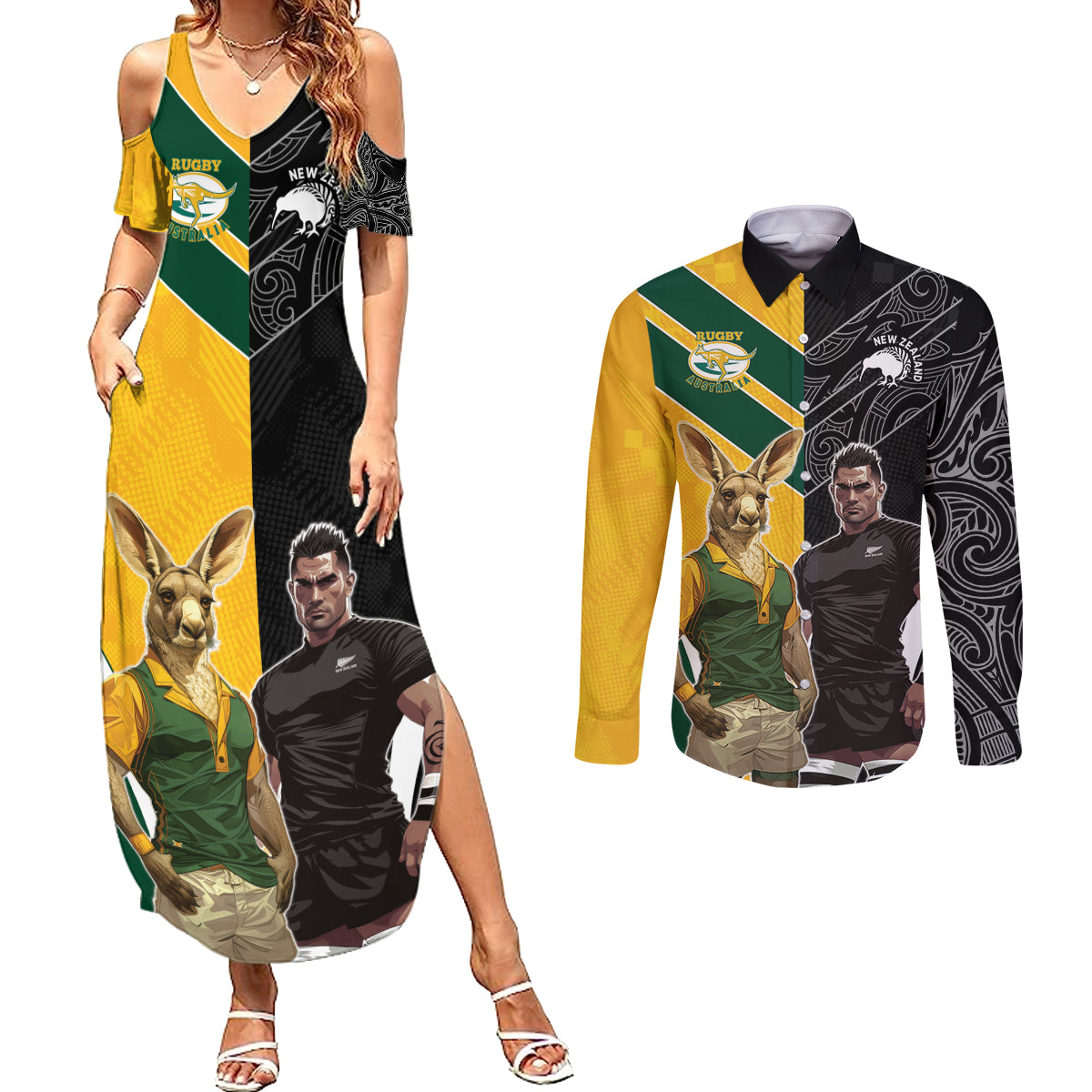 Custom New Zealand and Australia Rugby Couples Matching Summer Maxi Dress and Long Sleeve Button Shirt Kangroo and Maori Warrior Together