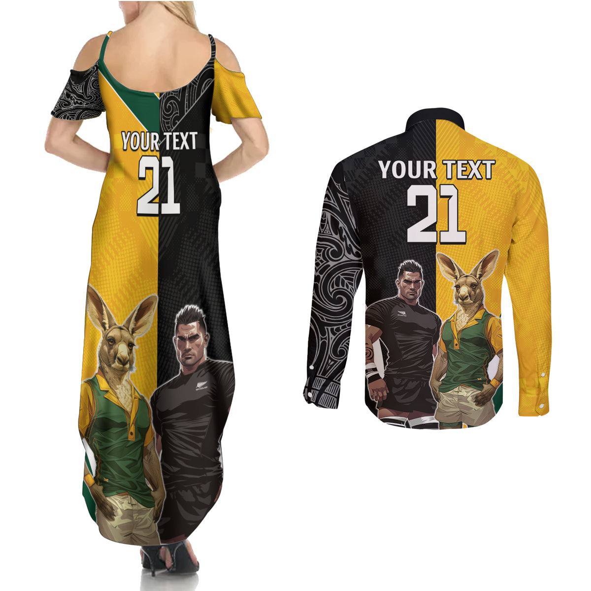 Custom New Zealand and Australia Rugby Couples Matching Summer Maxi Dress and Long Sleeve Button Shirt Kangroo and Maori Warrior Together