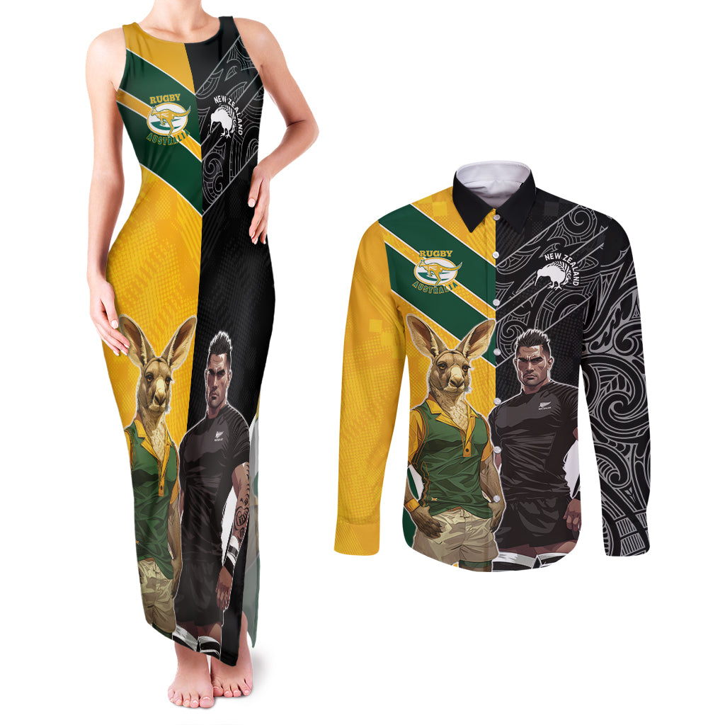 Custom New Zealand and Australia Rugby Couples Matching Tank Maxi Dress and Long Sleeve Button Shirt Kangroo and Maori Warrior Together