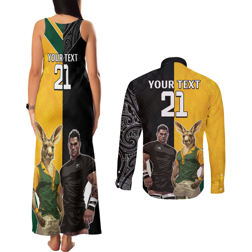 Custom New Zealand and Australia Rugby Couples Matching Tank Maxi Dress and Long Sleeve Button Shirt Kangroo and Maori Warrior Together