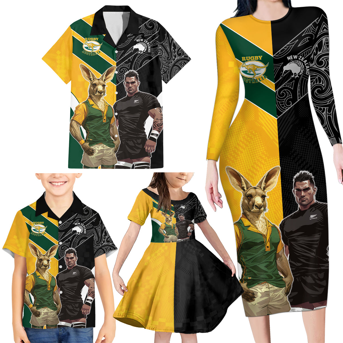 Custom New Zealand and Australia Rugby Family Matching Long Sleeve Bodycon Dress and Hawaiian Shirt Kangroo and Maori Warrior Together