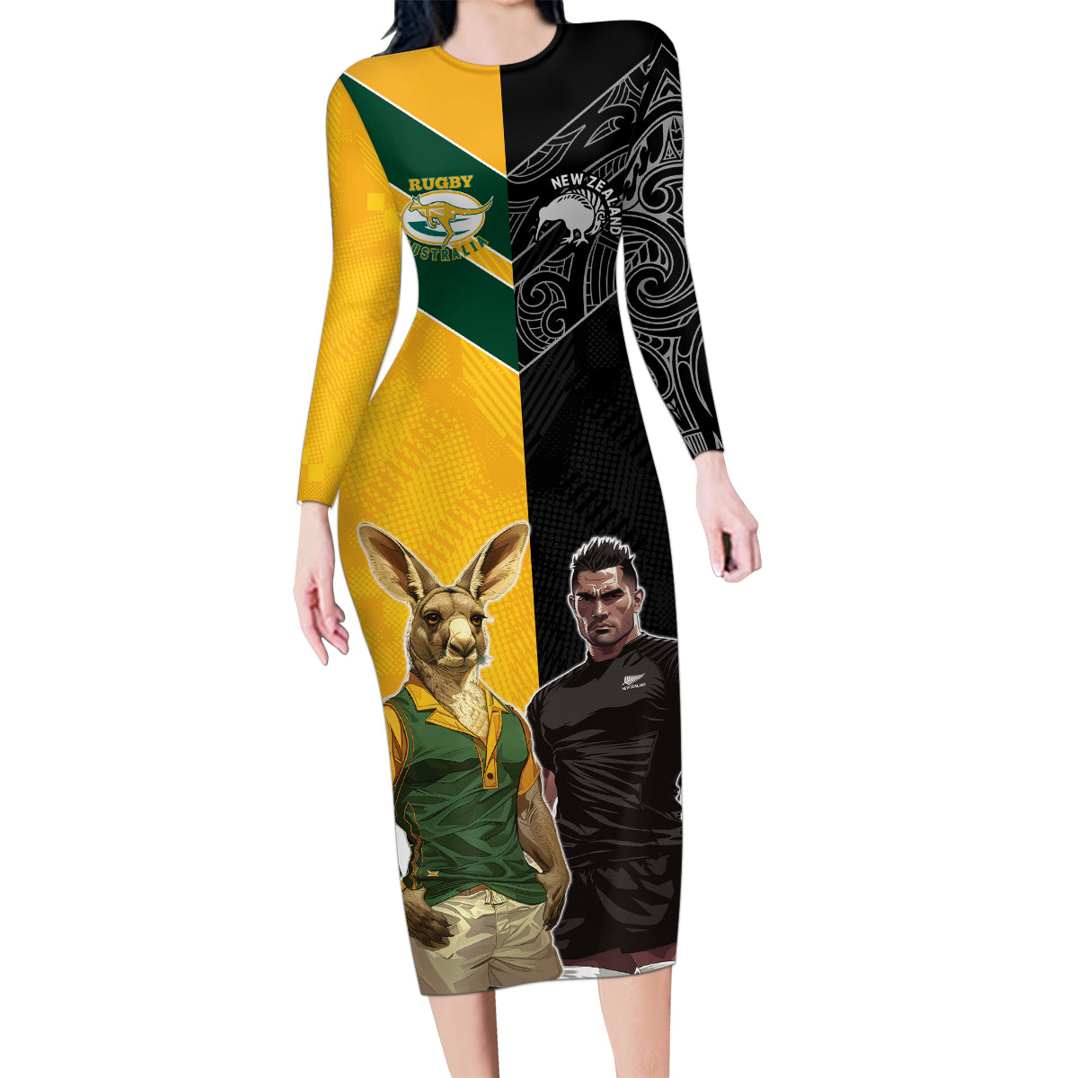 Custom New Zealand and Australia Rugby Family Matching Long Sleeve Bodycon Dress and Hawaiian Shirt Kangroo and Maori Warrior Together