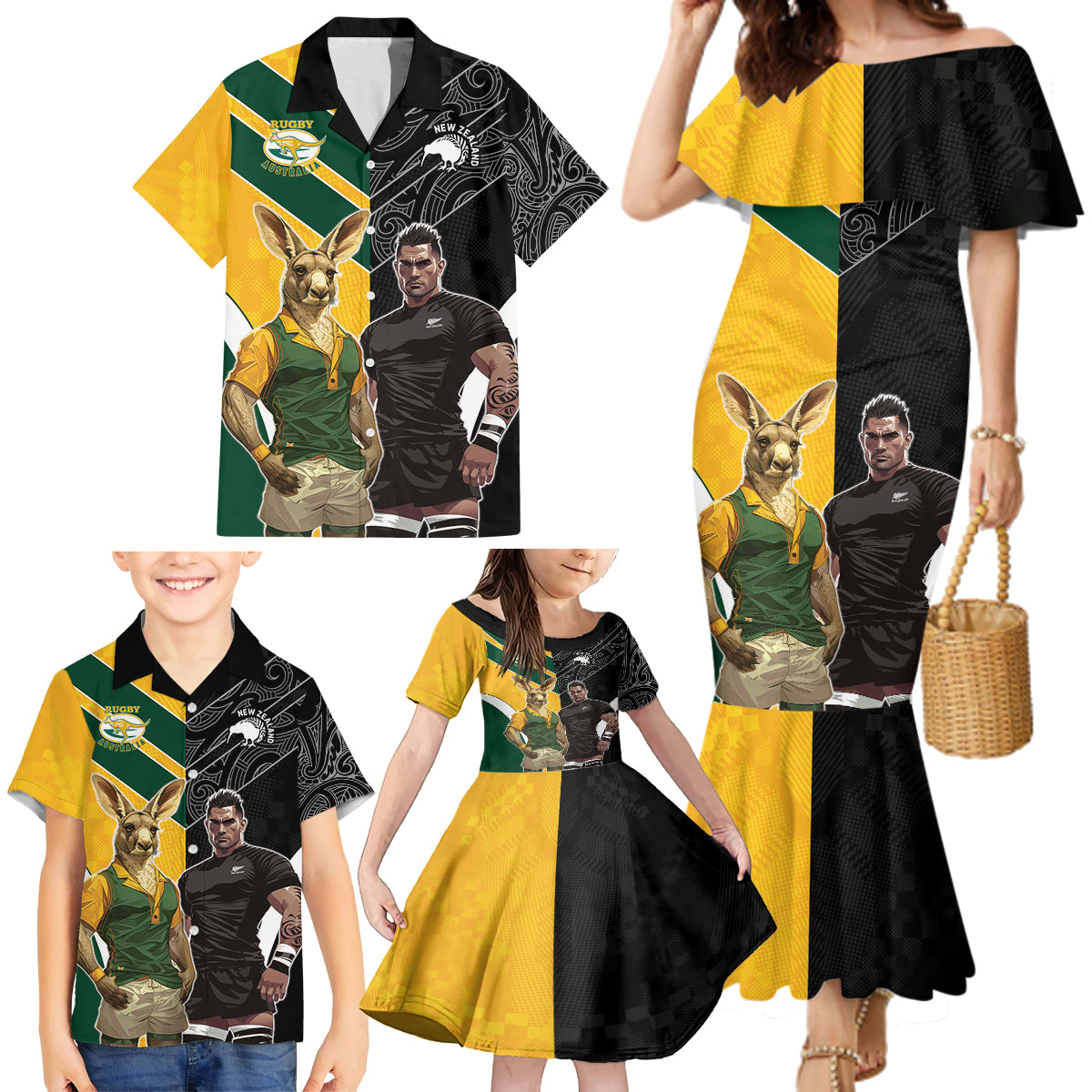 Custom New Zealand and Australia Rugby Family Matching Mermaid Dress and Hawaiian Shirt Kangroo and Maori Warrior Together