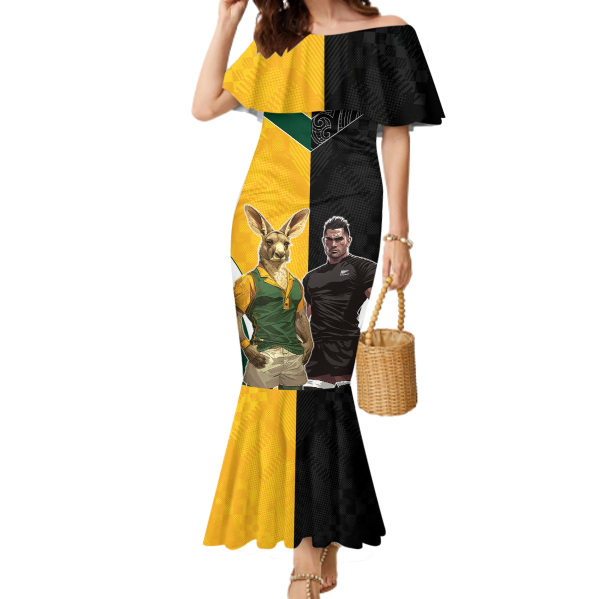 Custom New Zealand and Australia Rugby Family Matching Mermaid Dress and Hawaiian Shirt Kangroo and Maori Warrior Together