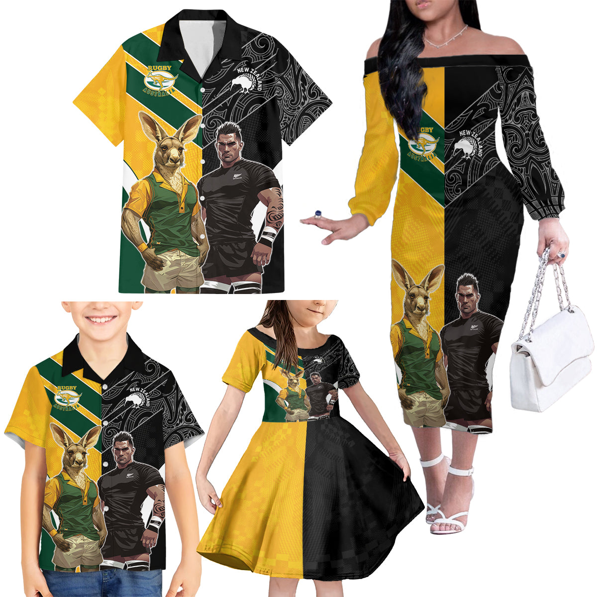 Custom New Zealand and Australia Rugby Family Matching Off The Shoulder Long Sleeve Dress and Hawaiian Shirt Kangroo and Maori Warrior Together