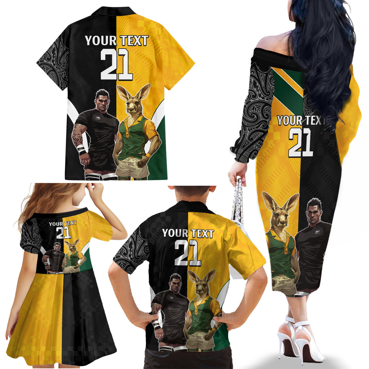 Custom New Zealand and Australia Rugby Family Matching Off The Shoulder Long Sleeve Dress and Hawaiian Shirt Kangroo and Maori Warrior Together