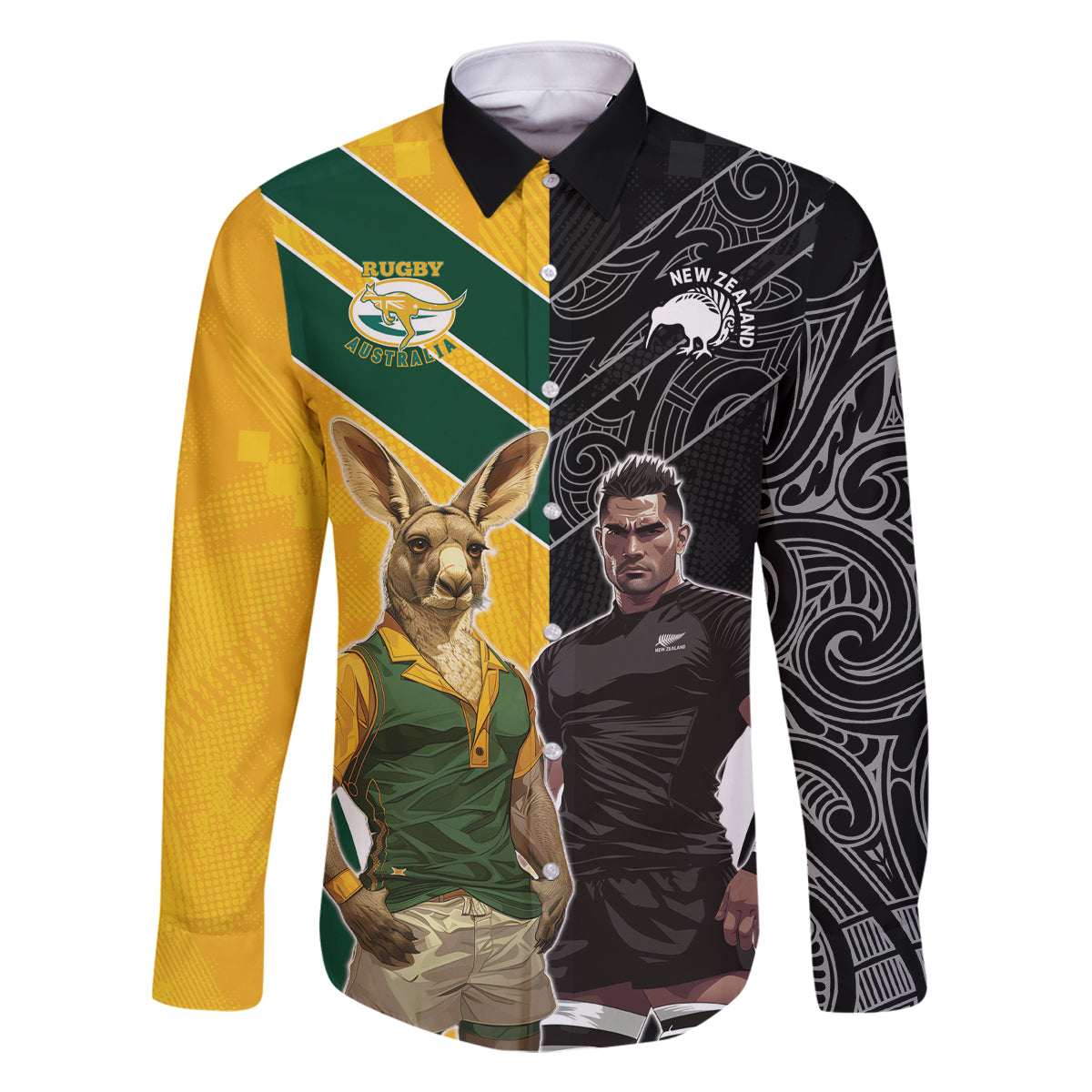 Custom New Zealand and Australia Rugby Family Matching Off The Shoulder Long Sleeve Dress and Hawaiian Shirt Kangroo and Maori Warrior Together