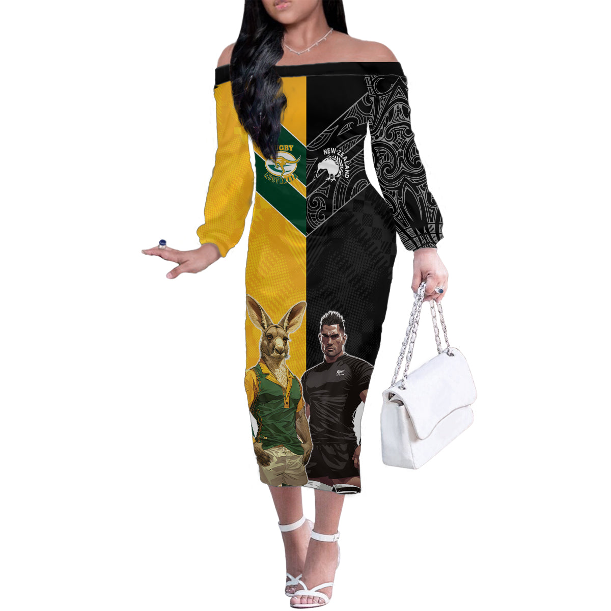 Custom New Zealand and Australia Rugby Family Matching Off The Shoulder Long Sleeve Dress and Hawaiian Shirt Kangroo and Maori Warrior Together