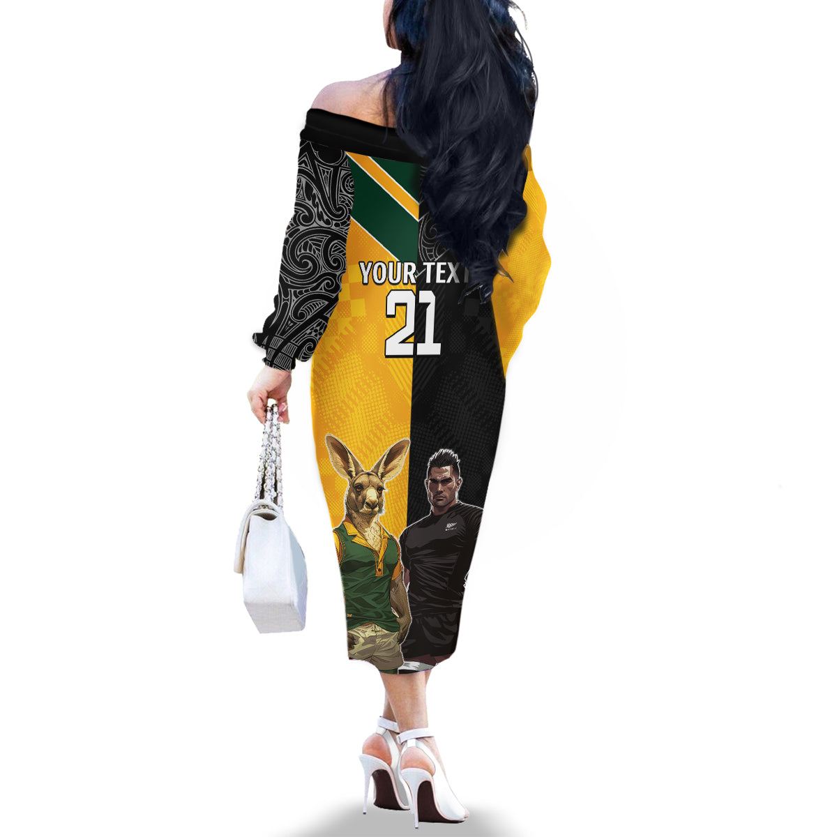 Custom New Zealand and Australia Rugby Family Matching Off The Shoulder Long Sleeve Dress and Hawaiian Shirt Kangroo and Maori Warrior Together