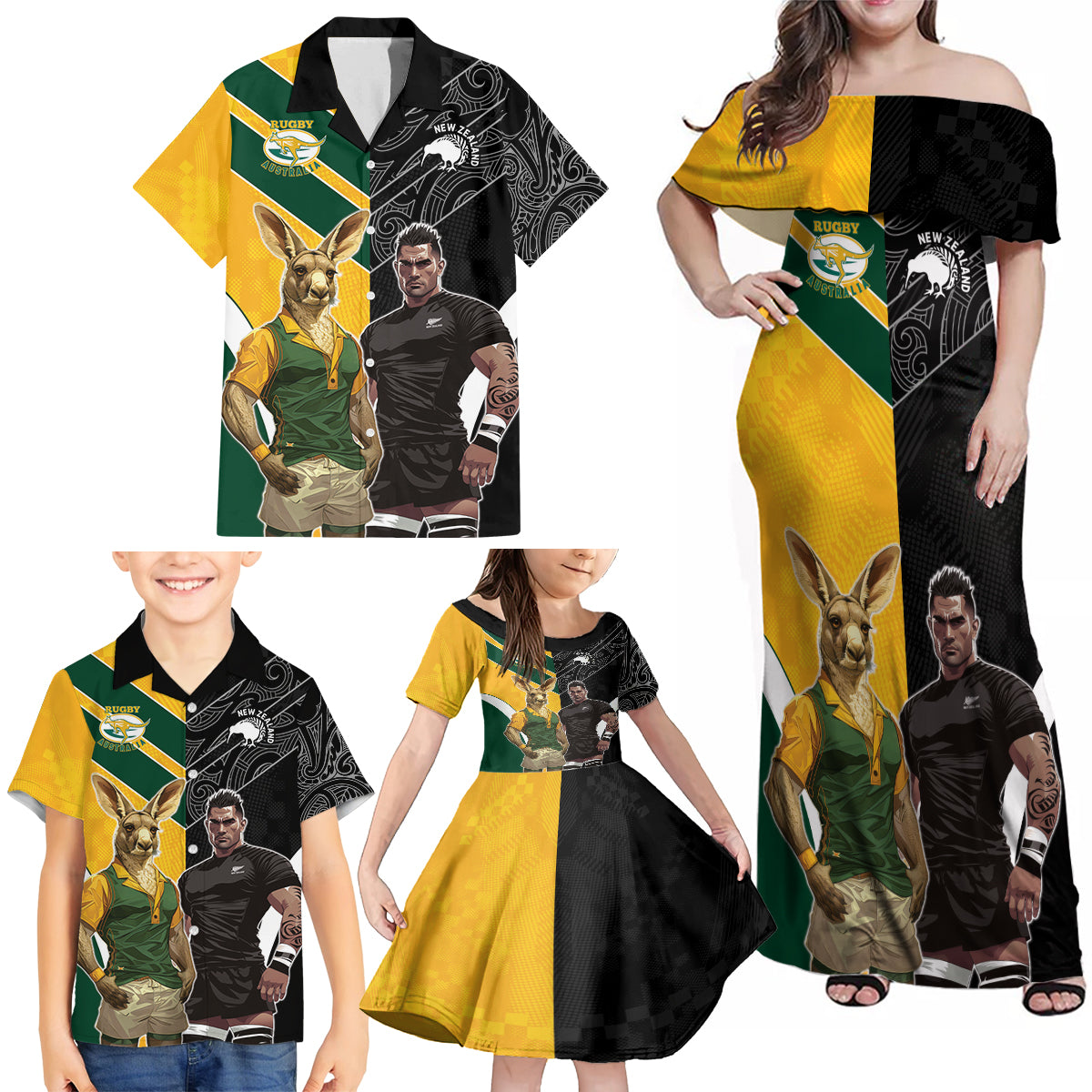 Custom New Zealand and Australia Rugby Family Matching Off Shoulder Maxi Dress and Hawaiian Shirt Kangroo and Maori Warrior Together