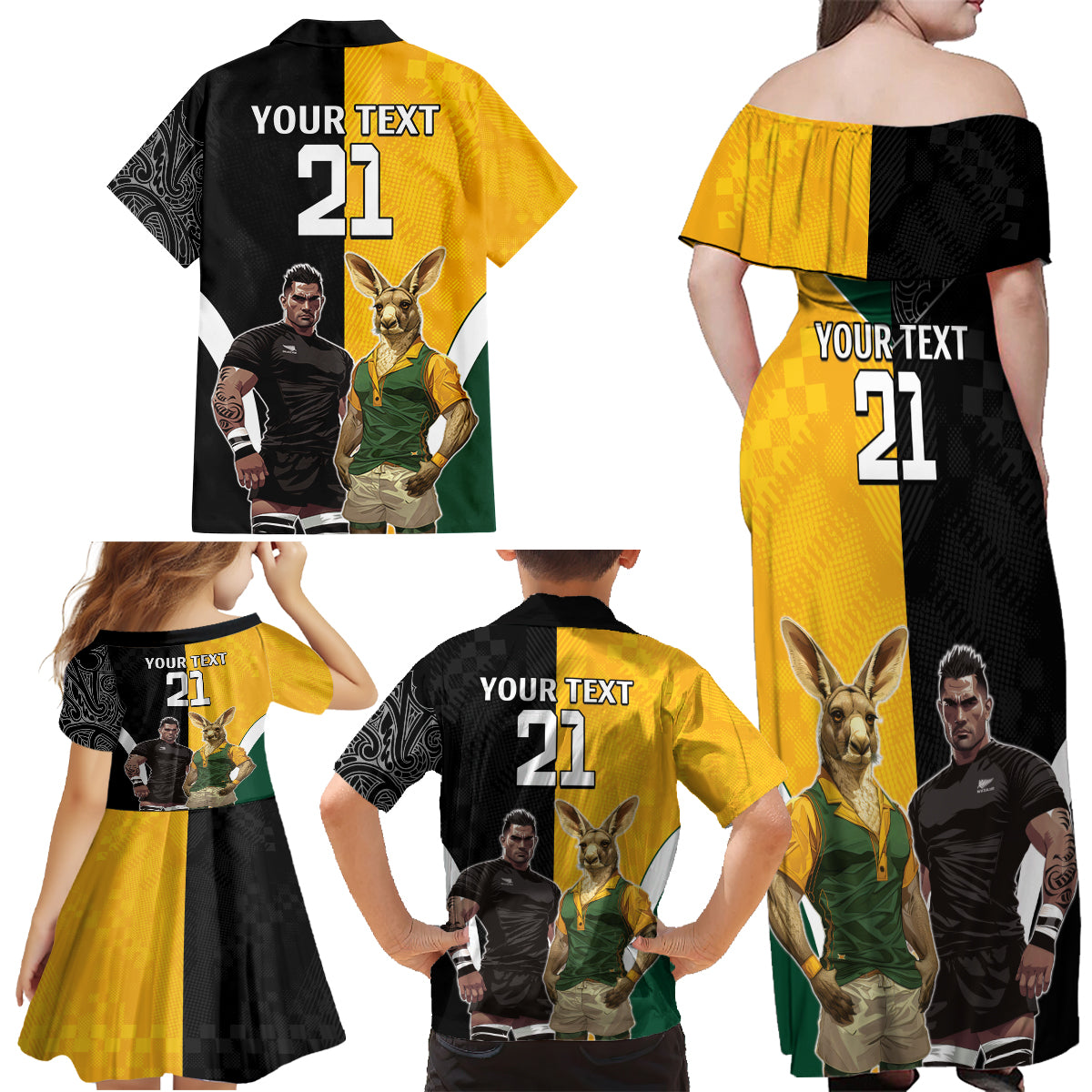 Custom New Zealand and Australia Rugby Family Matching Off Shoulder Maxi Dress and Hawaiian Shirt Kangroo and Maori Warrior Together