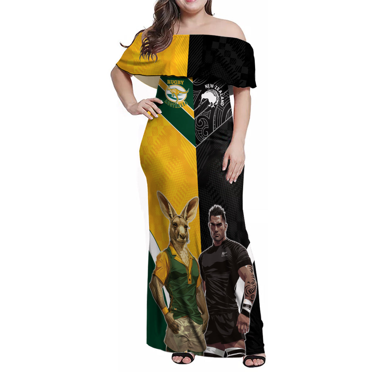 Custom New Zealand and Australia Rugby Family Matching Off Shoulder Maxi Dress and Hawaiian Shirt Kangroo and Maori Warrior Together