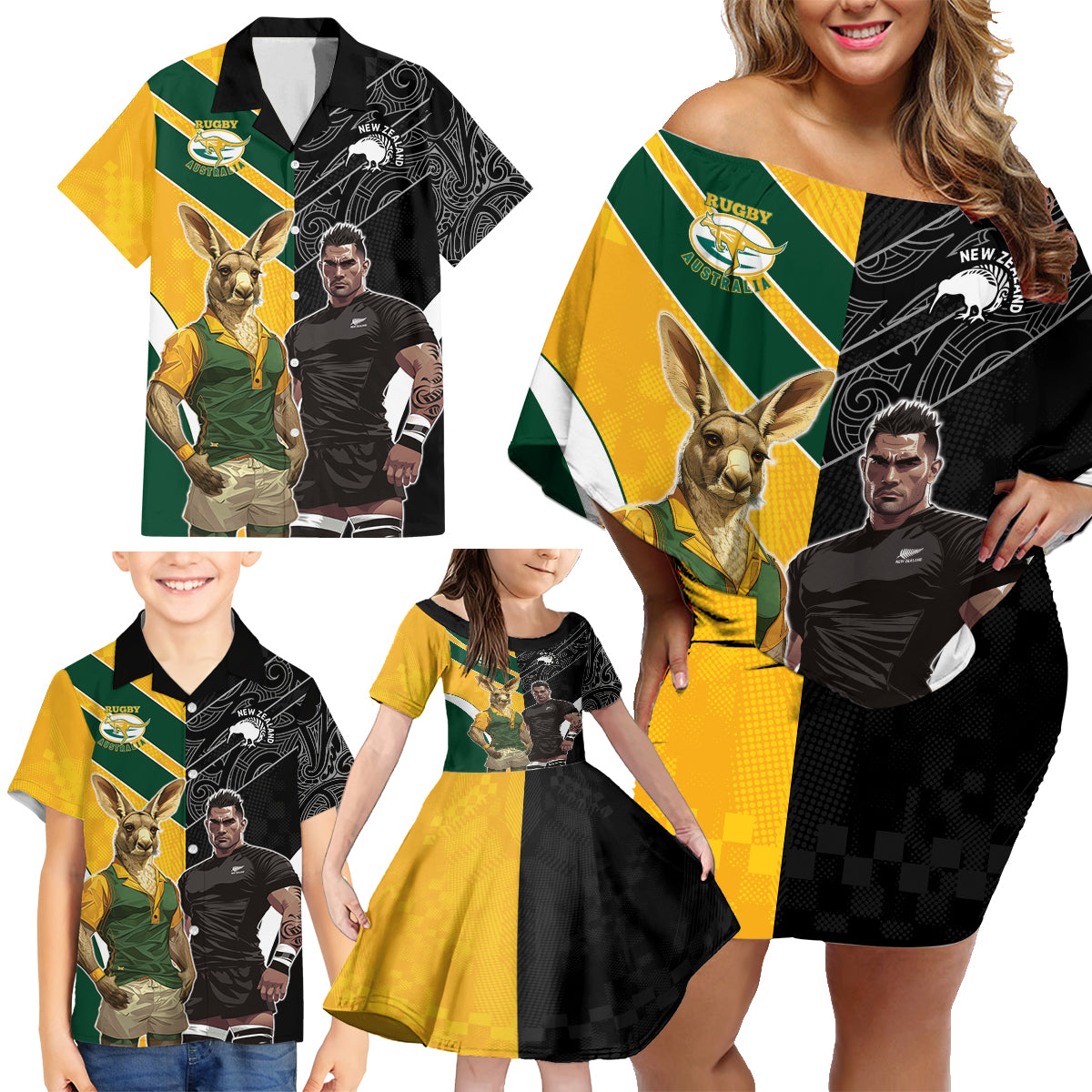 Custom New Zealand and Australia Rugby Family Matching Off Shoulder Short Dress and Hawaiian Shirt Kangroo and Maori Warrior Together