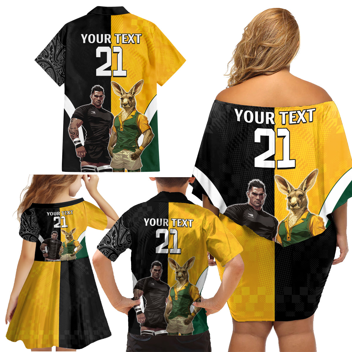 Custom New Zealand and Australia Rugby Family Matching Off Shoulder Short Dress and Hawaiian Shirt Kangroo and Maori Warrior Together