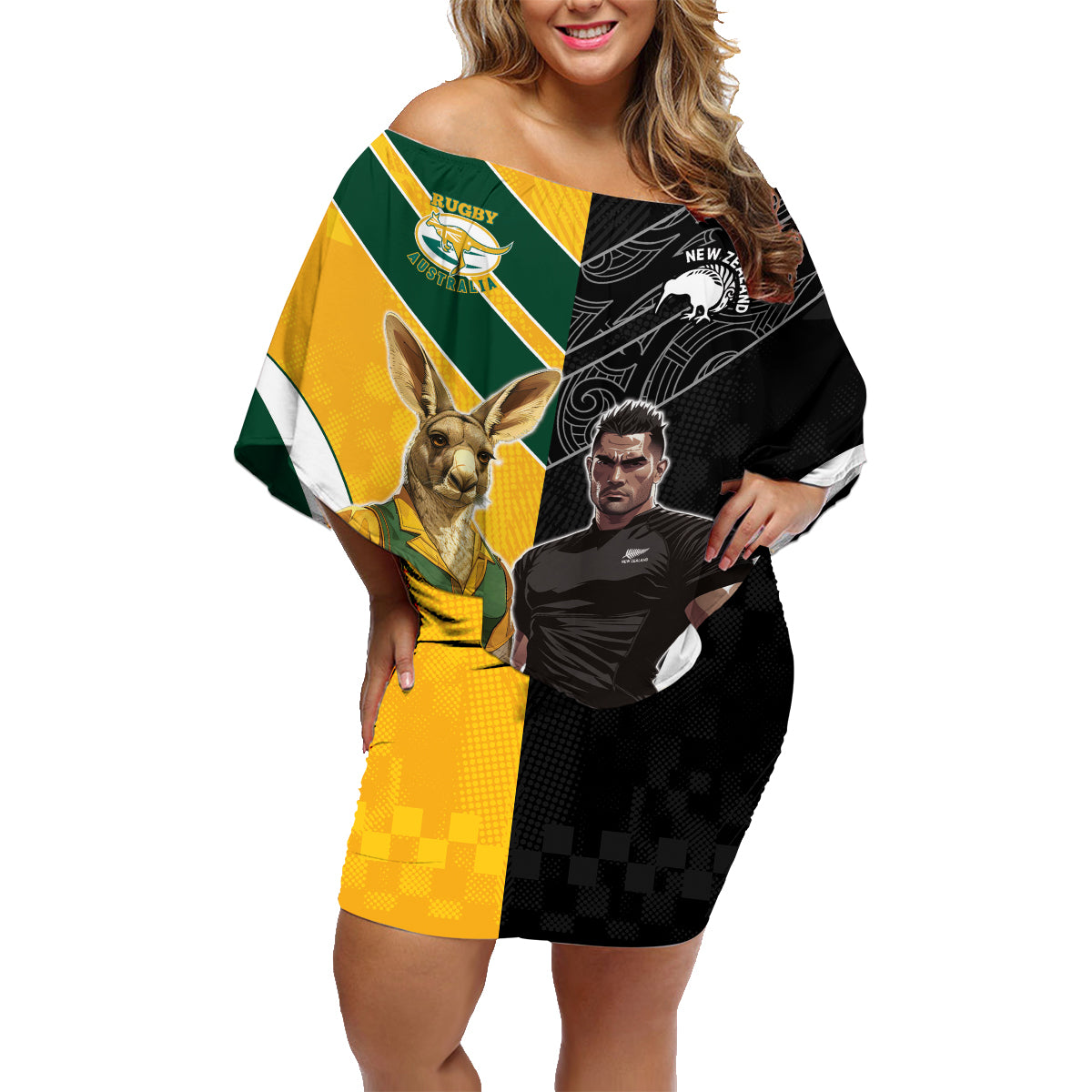 Custom New Zealand and Australia Rugby Family Matching Off Shoulder Short Dress and Hawaiian Shirt Kangroo and Maori Warrior Together