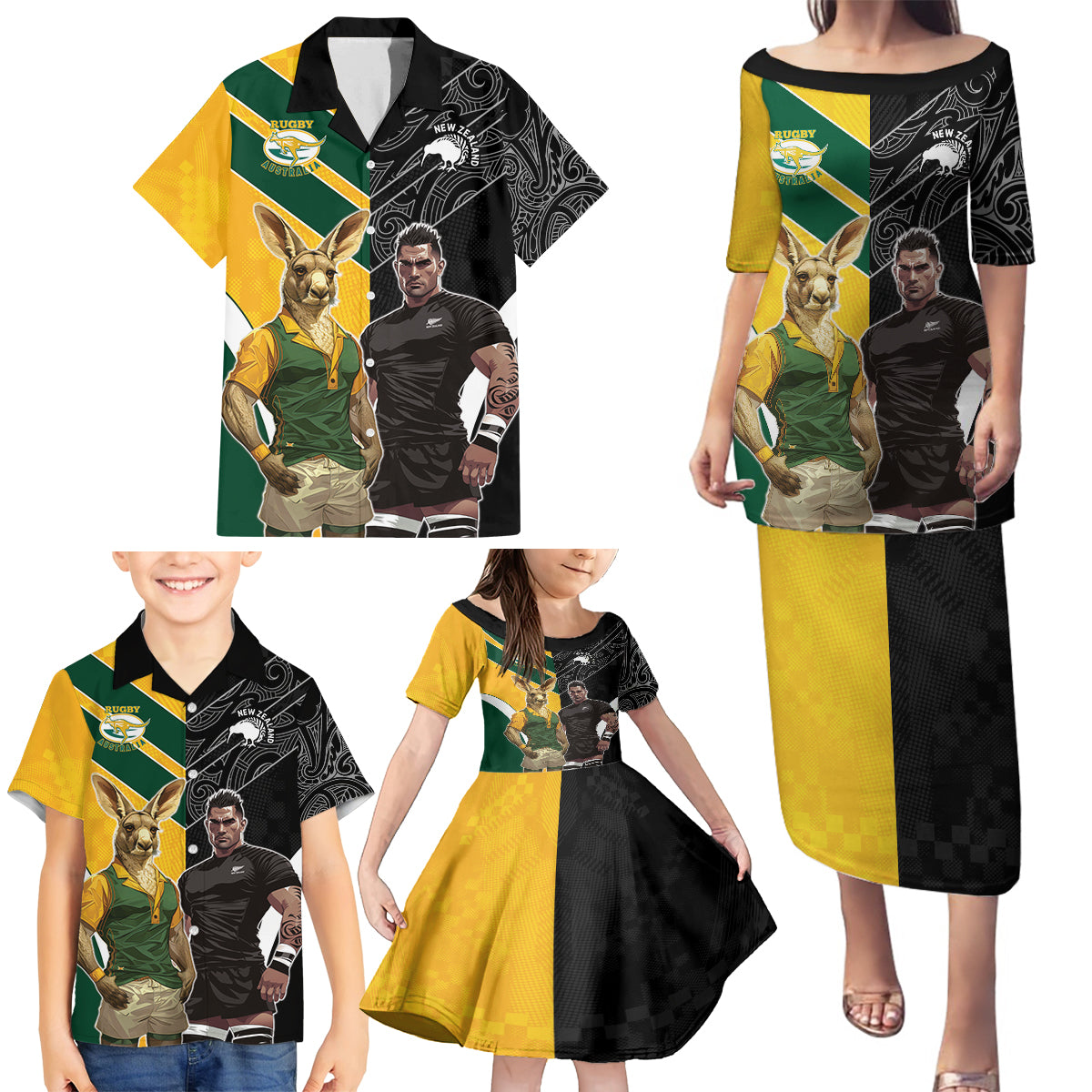 Custom New Zealand and Australia Rugby Family Matching Puletasi and Hawaiian Shirt Kangroo and Maori Warrior Together