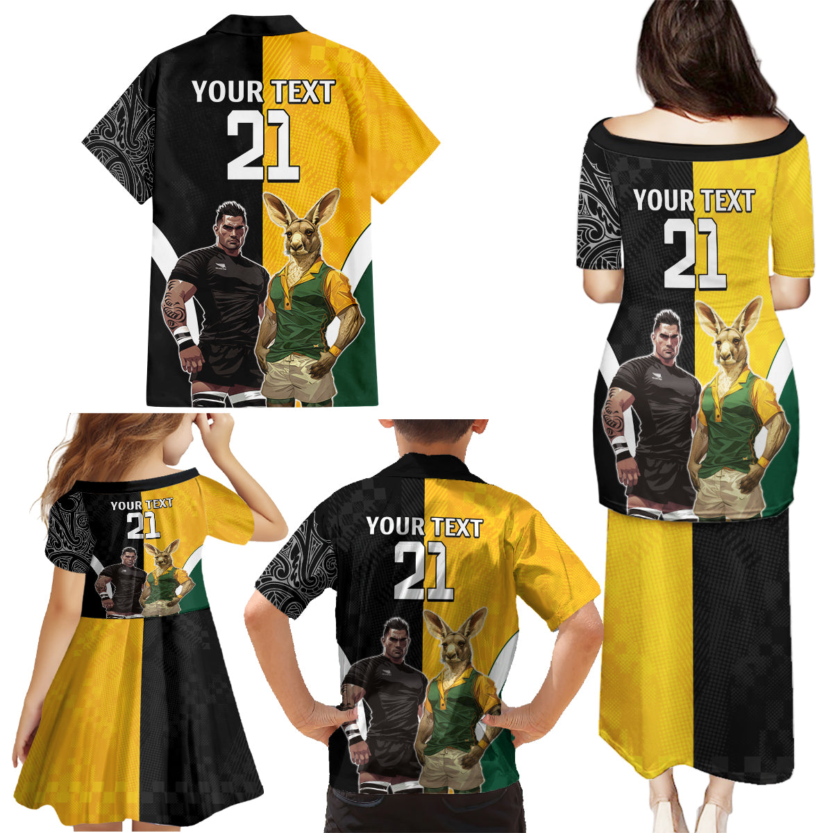 Custom New Zealand and Australia Rugby Family Matching Puletasi and Hawaiian Shirt Kangroo and Maori Warrior Together