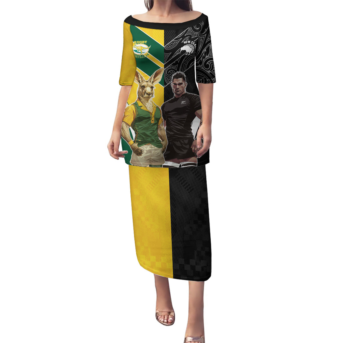 Custom New Zealand and Australia Rugby Family Matching Puletasi and Hawaiian Shirt Kangroo and Maori Warrior Together