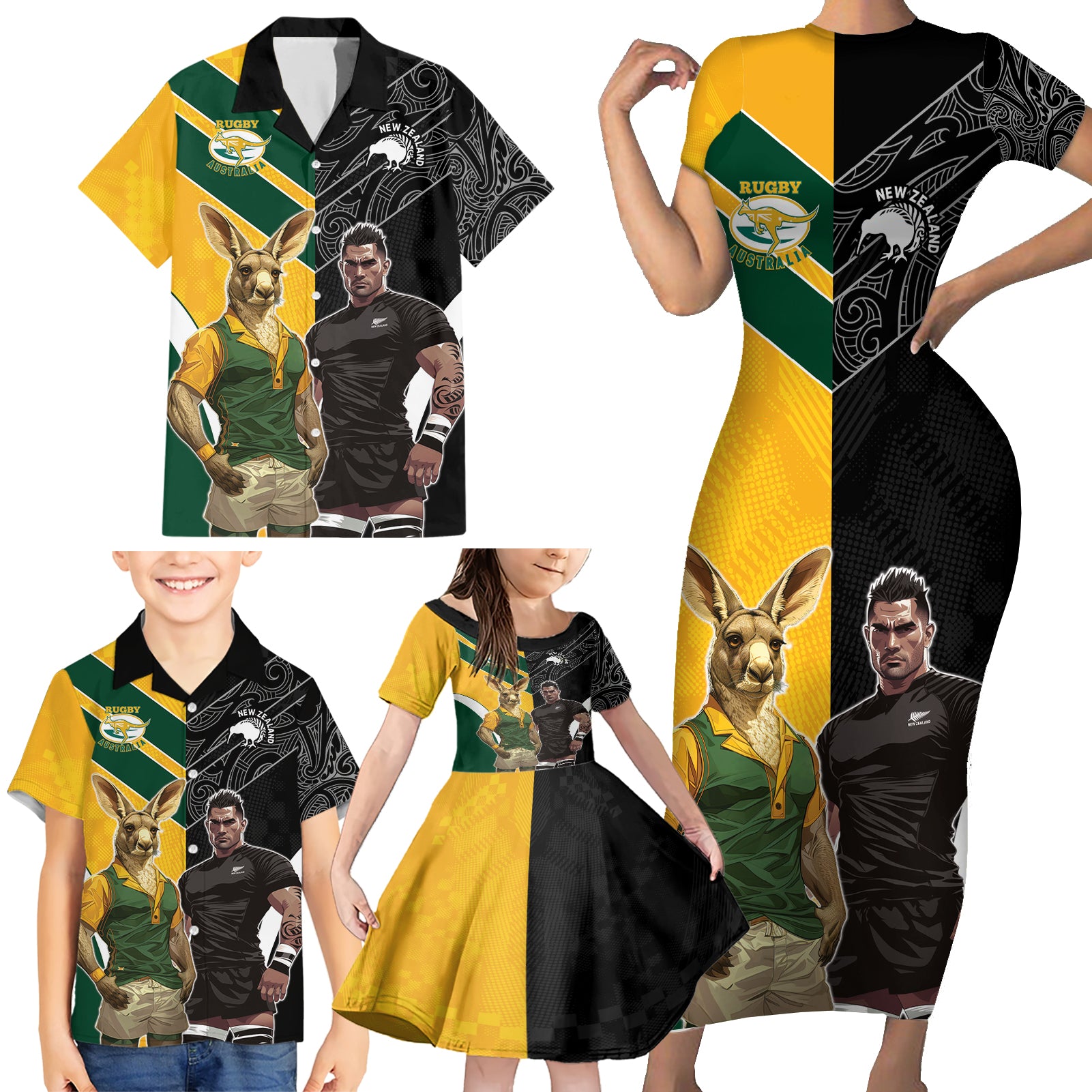 Custom New Zealand and Australia Rugby Family Matching Short Sleeve Bodycon Dress and Hawaiian Shirt Kangroo and Maori Warrior Together