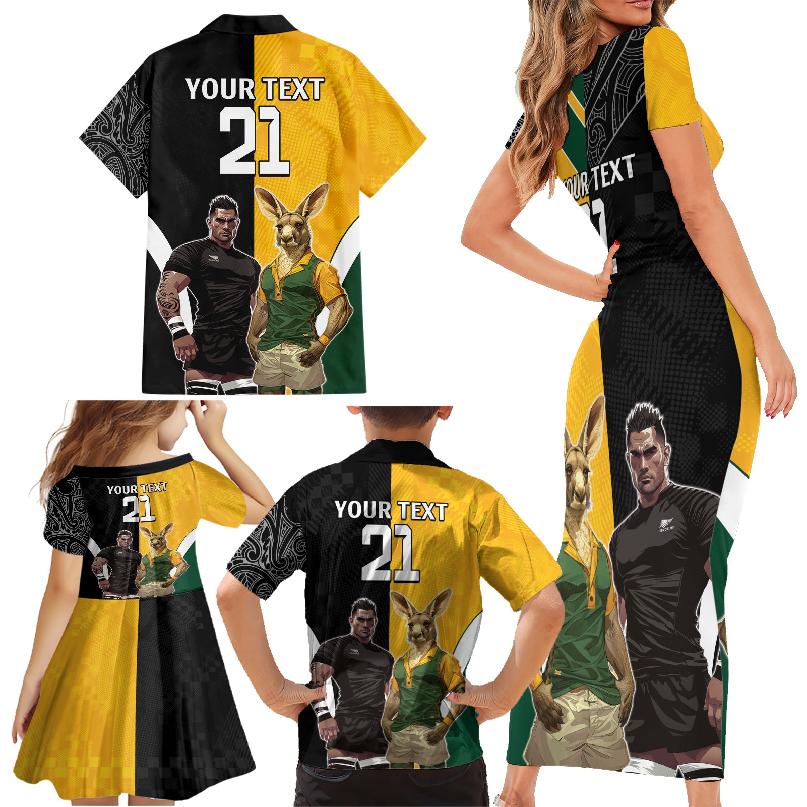 Custom New Zealand and Australia Rugby Family Matching Short Sleeve Bodycon Dress and Hawaiian Shirt Kangroo and Maori Warrior Together