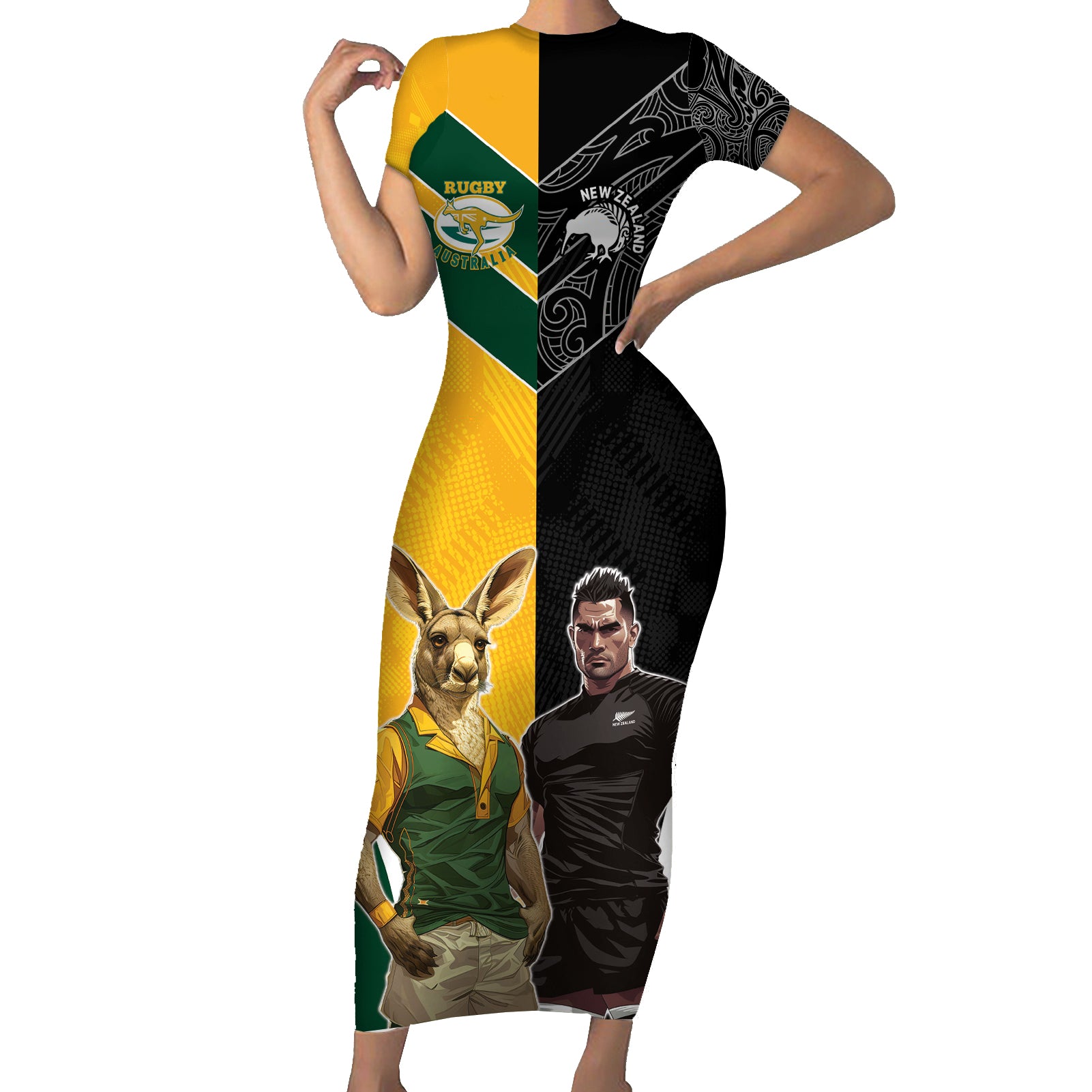 Custom New Zealand and Australia Rugby Family Matching Short Sleeve Bodycon Dress and Hawaiian Shirt Kangroo and Maori Warrior Together