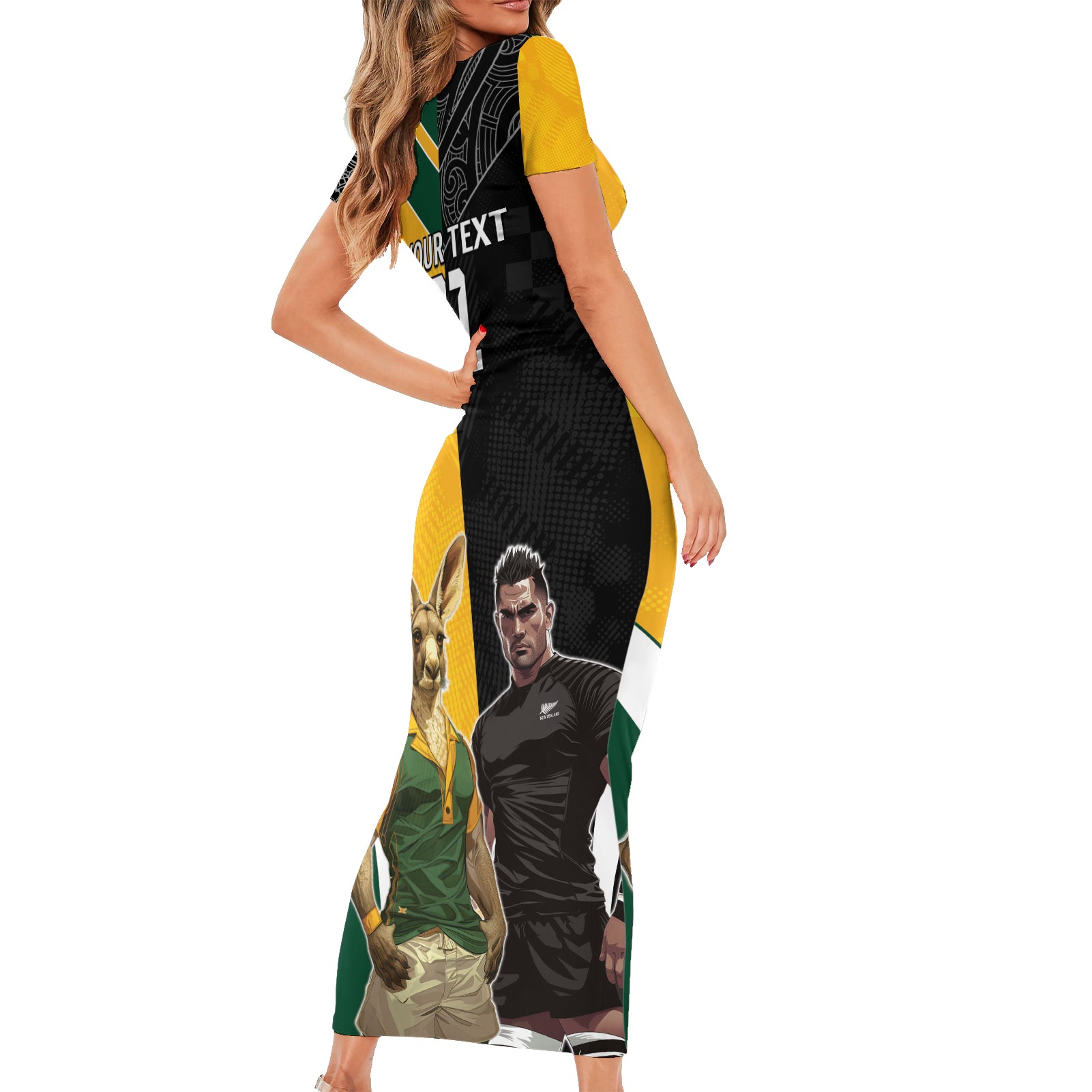 Custom New Zealand and Australia Rugby Family Matching Short Sleeve Bodycon Dress and Hawaiian Shirt Kangroo and Maori Warrior Together