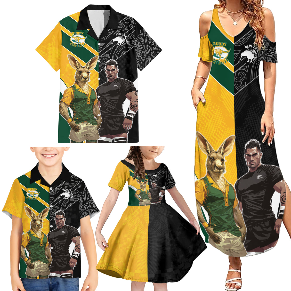 Custom New Zealand and Australia Rugby Family Matching Summer Maxi Dress and Hawaiian Shirt Kangroo and Maori Warrior Together