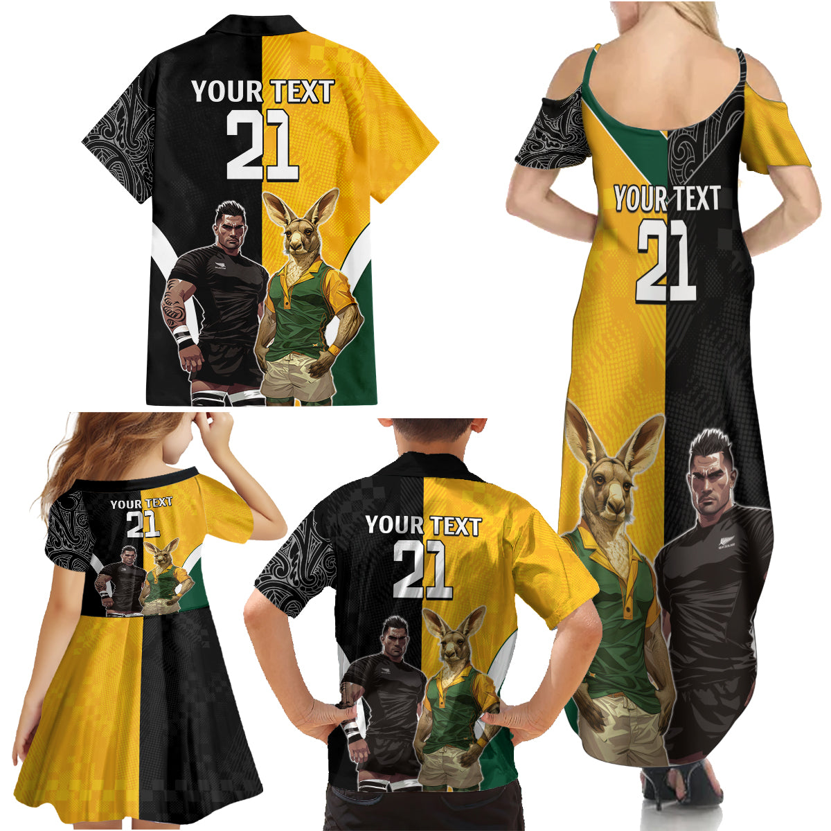 Custom New Zealand and Australia Rugby Family Matching Summer Maxi Dress and Hawaiian Shirt Kangroo and Maori Warrior Together