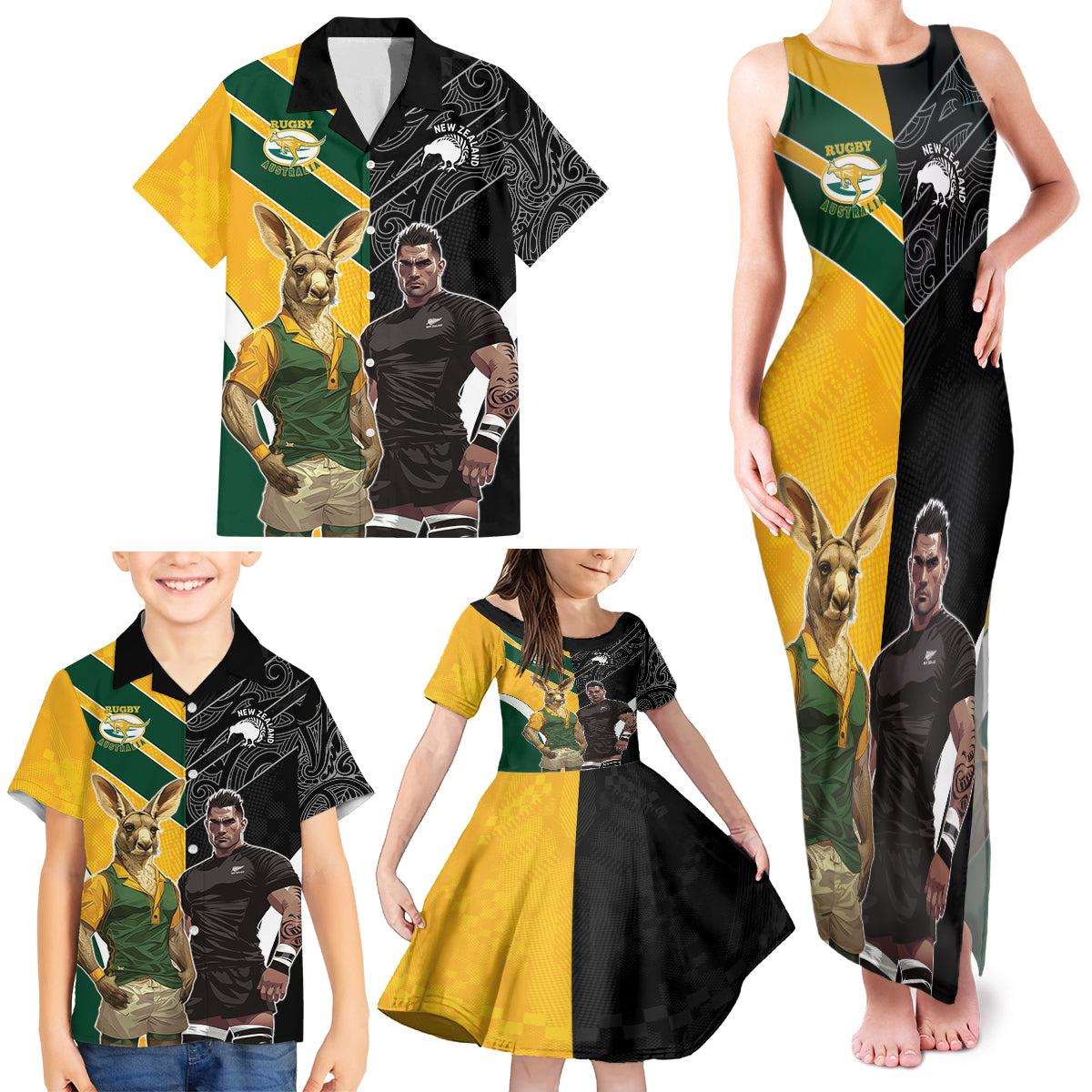 Custom New Zealand and Australia Rugby Family Matching Tank Maxi Dress and Hawaiian Shirt Kangroo and Maori Warrior Together