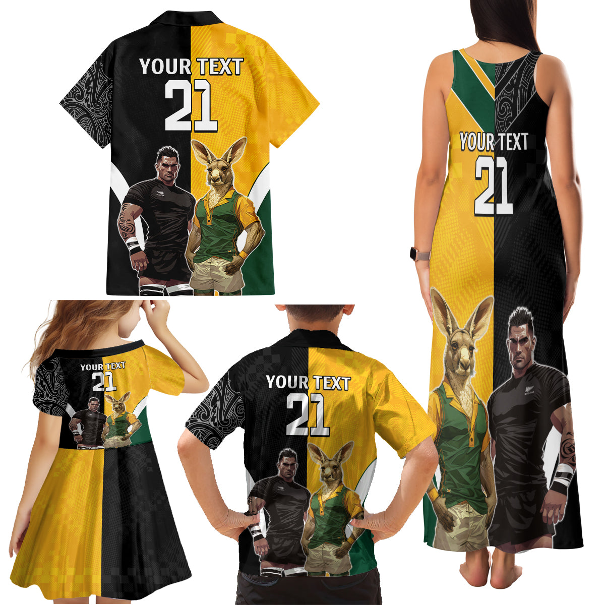 Custom New Zealand and Australia Rugby Family Matching Tank Maxi Dress and Hawaiian Shirt Kangroo and Maori Warrior Together