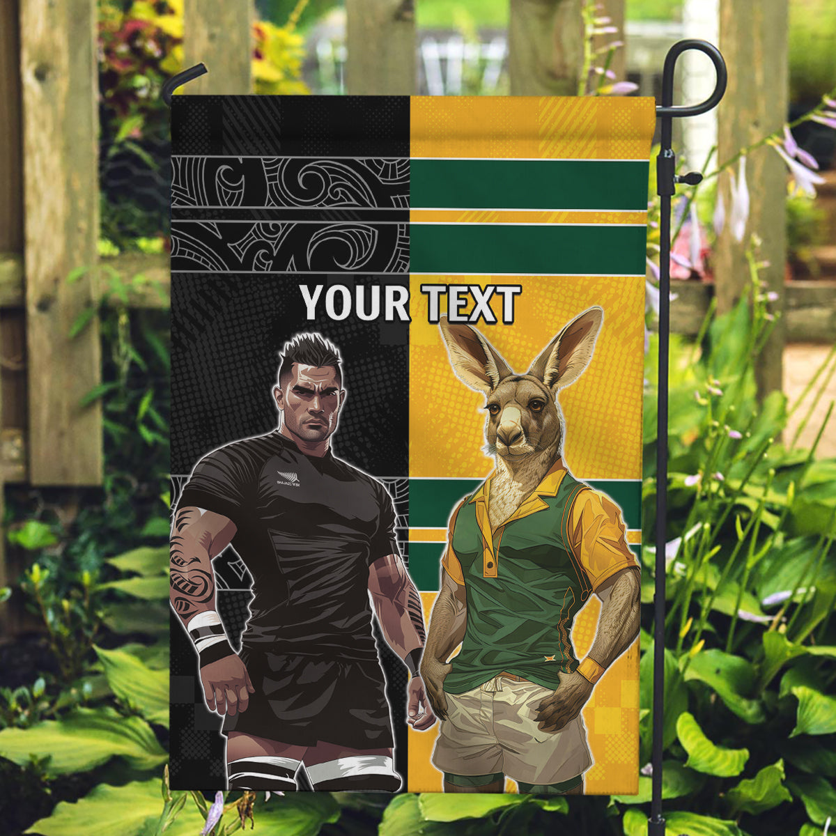 Custom New Zealand and Australia Rugby Garden Flag Kangroo and Maori Warrior Together - Vibe Hoodie Shop