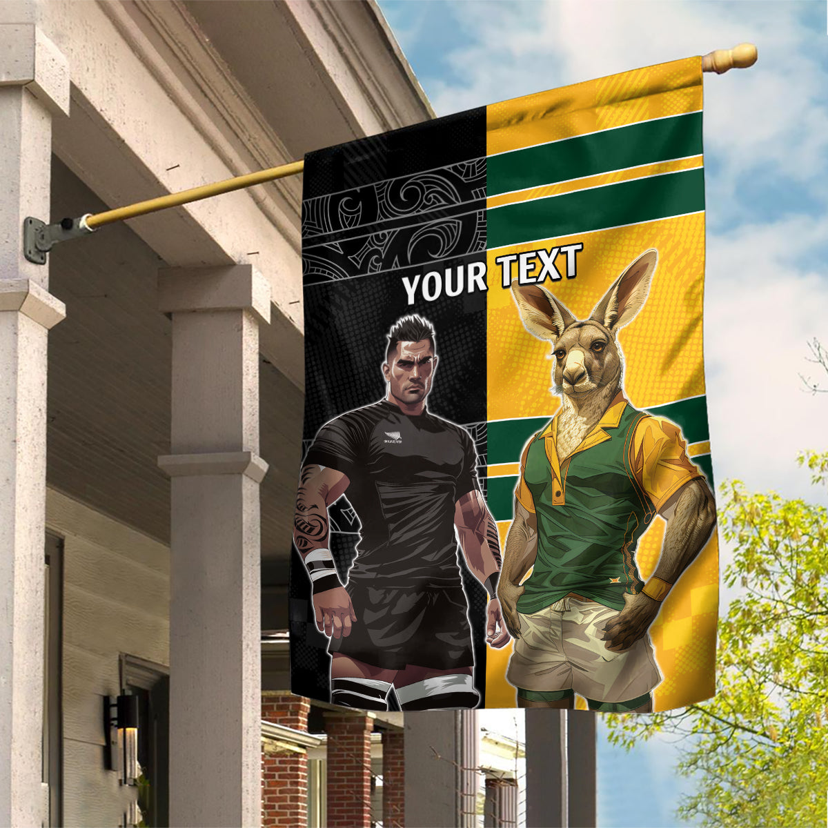 Custom New Zealand and Australia Rugby Garden Flag Kangroo and Maori Warrior Together - Vibe Hoodie Shop