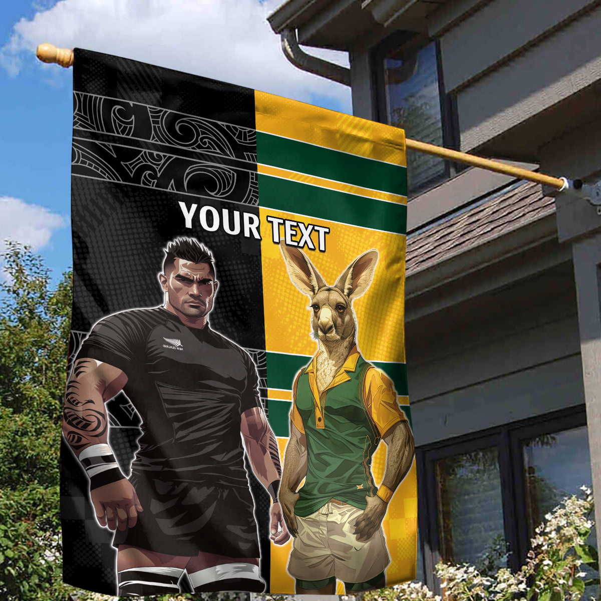 Custom New Zealand and Australia Rugby Garden Flag Kangroo and Maori Warrior Together - Vibe Hoodie Shop