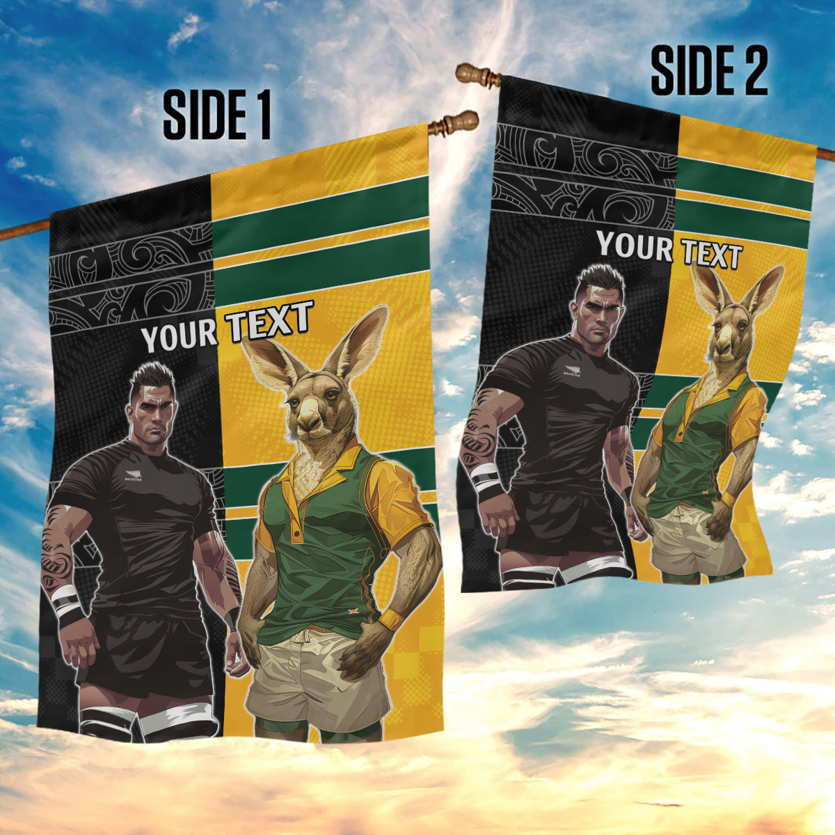 Custom New Zealand and Australia Rugby Garden Flag Kangroo and Maori Warrior Together - Vibe Hoodie Shop