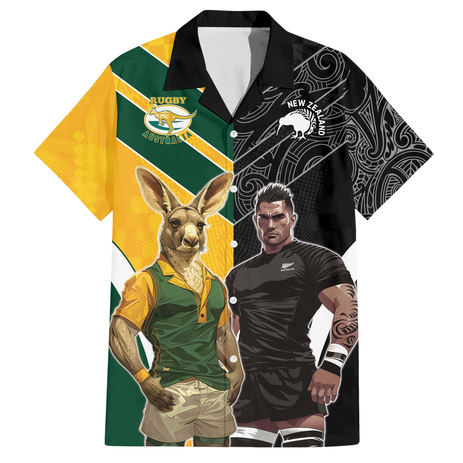 Custom New Zealand and Australia Rugby Hawaiian Shirt Kangroo and Maori Warrior Together - Vibe Hoodie Shop