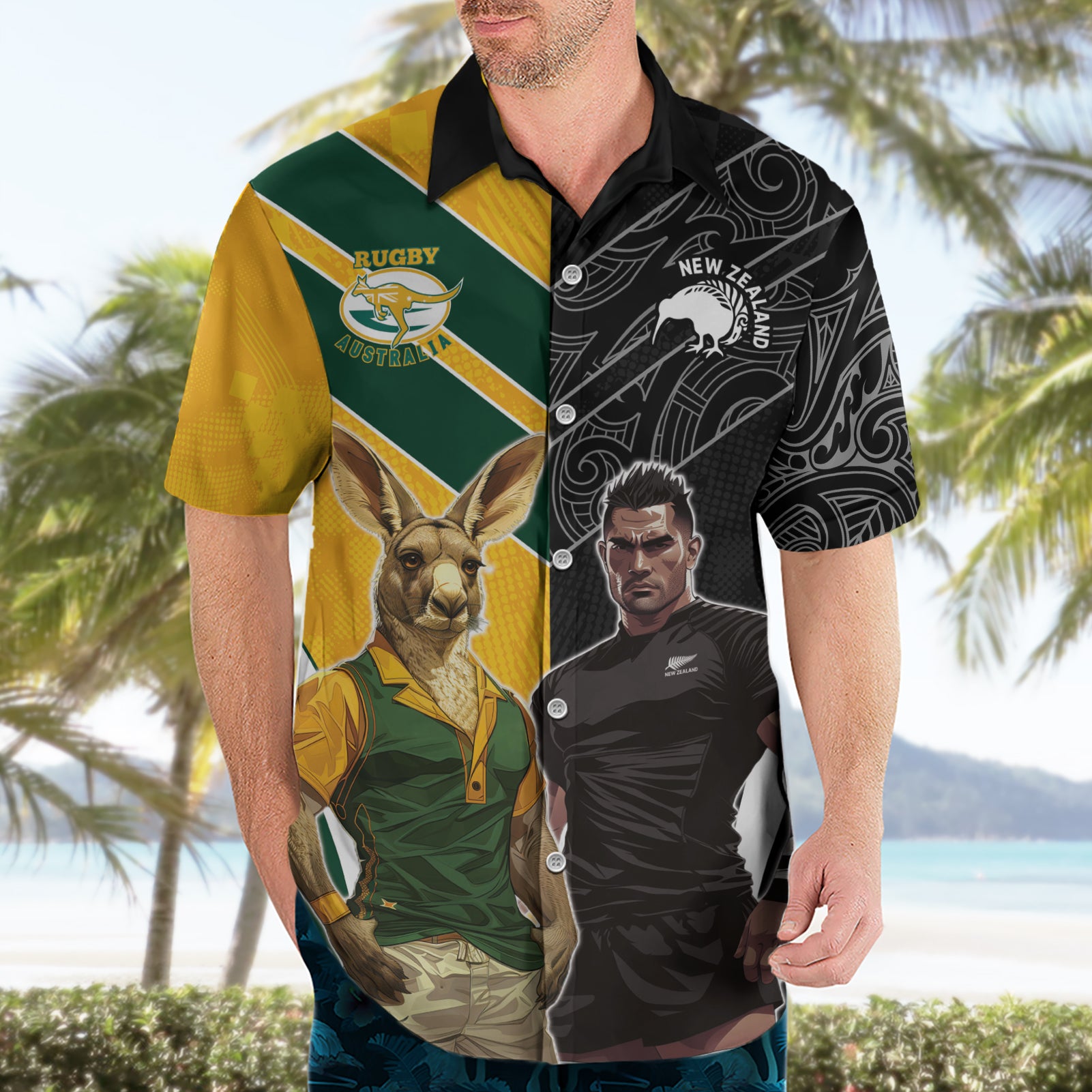 Custom New Zealand and Australia Rugby Hawaiian Shirt Kangroo and Maori Warrior Together - Vibe Hoodie Shop