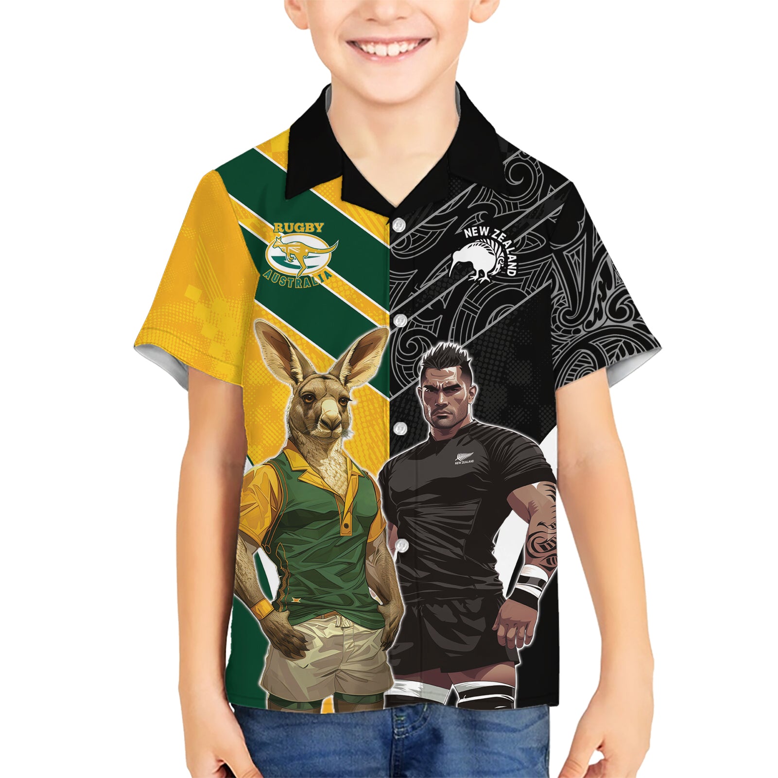 Custom New Zealand and Australia Rugby Hawaiian Shirt Kangroo and Maori Warrior Together - Vibe Hoodie Shop