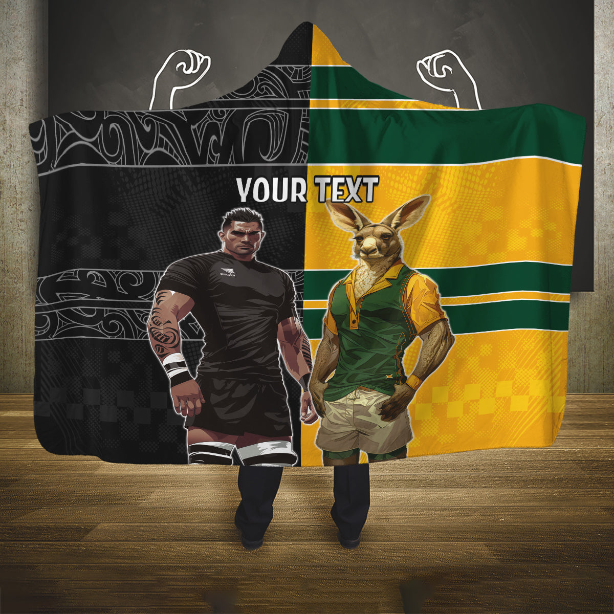 Custom New Zealand and Australia Rugby Hooded Blanket Kangroo and Maori Warrior Together