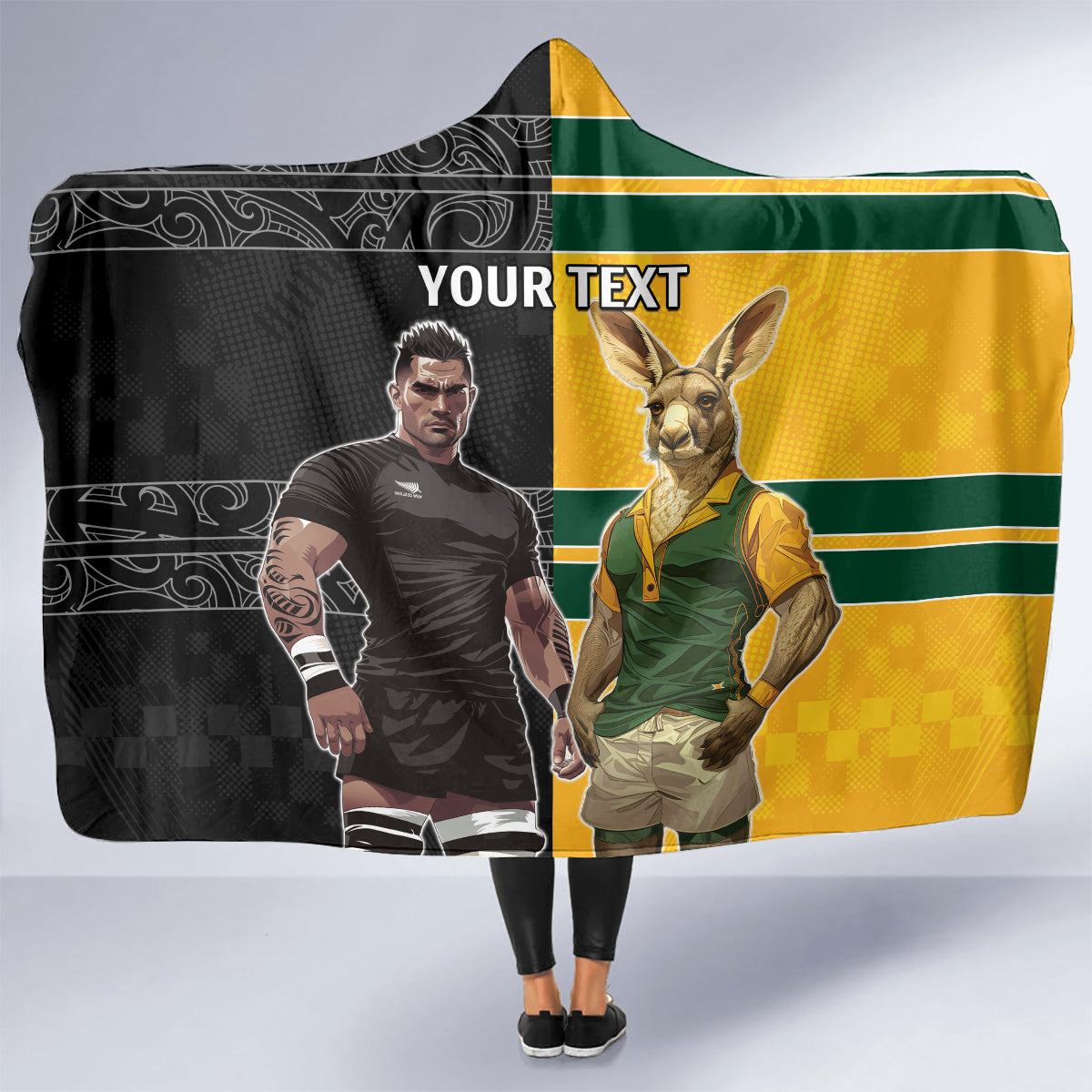 Custom New Zealand and Australia Rugby Hooded Blanket Kangroo and Maori Warrior Together