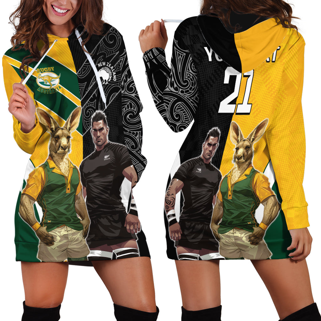 Custom New Zealand and Australia Rugby Hoodie Dress Kangroo and Maori Warrior Together - Vibe Hoodie Shop