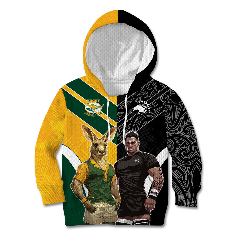 Custom New Zealand and Australia Rugby Kid Hoodie Kangroo and Maori Warrior Together - Vibe Hoodie Shop
