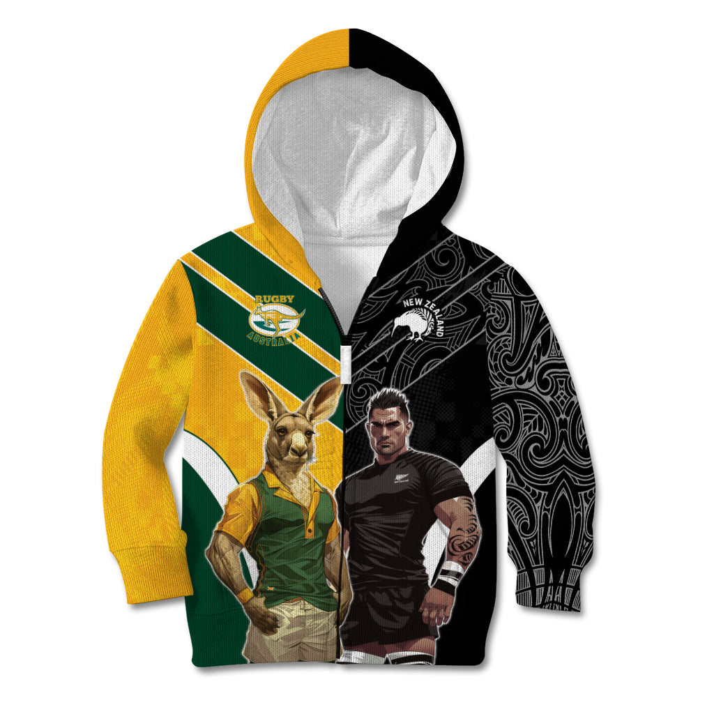 Custom New Zealand and Australia Rugby Kid Hoodie Kangroo and Maori Warrior Together - Vibe Hoodie Shop