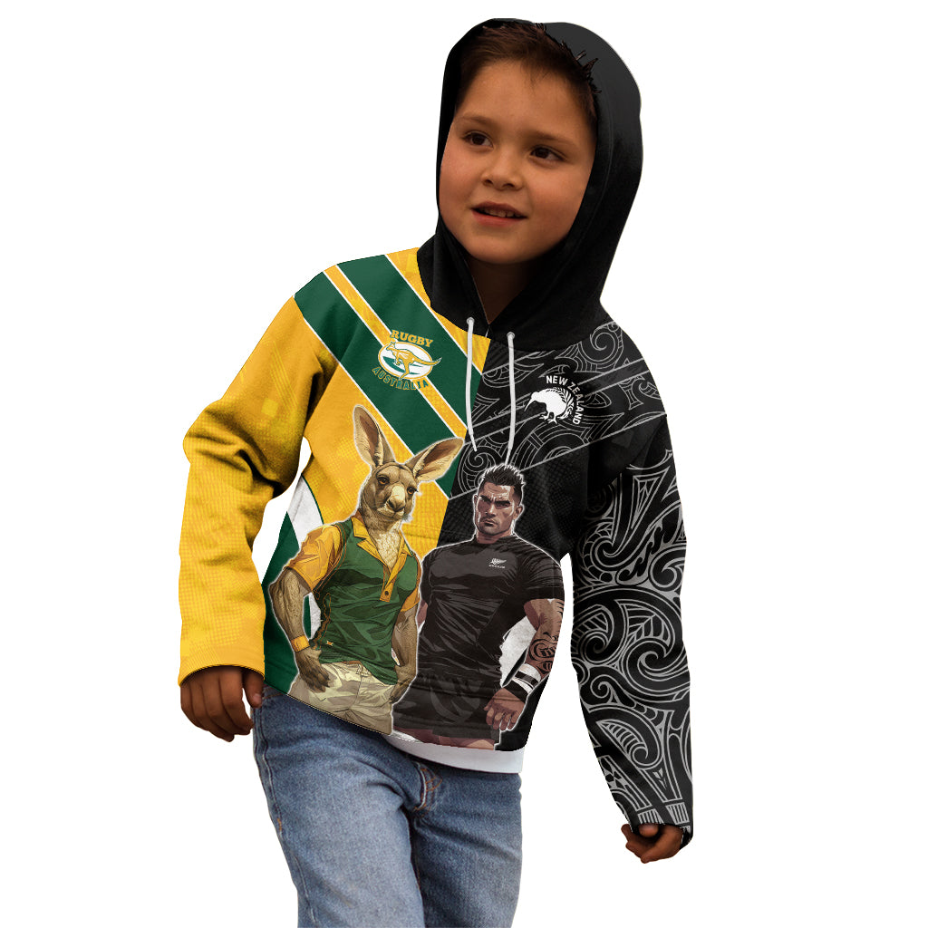 Custom New Zealand and Australia Rugby Kid Hoodie Kangroo and Maori Warrior Together - Vibe Hoodie Shop